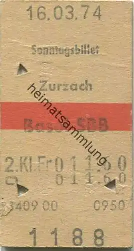 Schweiz - Sonntagsbillet Zurzach - Basel SBB - Fahrkarte 1974