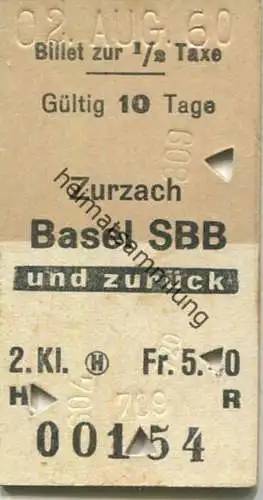 Schweiz - Zurzach - Basel SBB und zurück - Fahrkarte 1/2 Taxe 1960