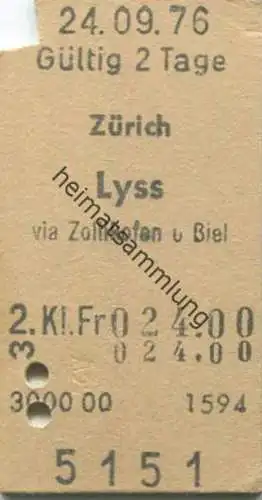Schweiz - Zürich - Lyss via Zollikofen oder Biel - Fahrkarte 1976