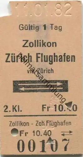 Schweiz - Zollikon - Zürich Flughafen und zurück via Zürich - Fahrkarte 1982