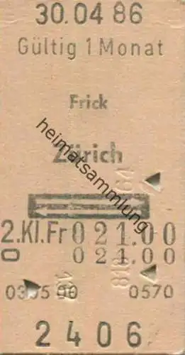 Schweiz - Frick - Zürich und zurück - Fahrkarte 1986
