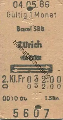Schweiz - Basel SBB - Zürich via Frick - Fahrkarte 1986