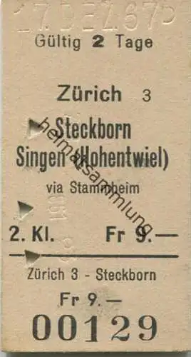 Schweiz - Zürich - Steckborn Singen (Hohentwiel) via Stammheim - Fahrkarte 1967
