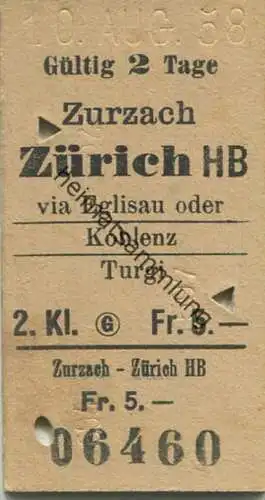Schweiz - Zurzach Zürich via Eglisau Koblenz Turgi - Fahrkarte 1958 - rückseitig Stempel: Saffa 1958 Zürich