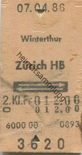Schweiz - Winterthur - Zürich HB und zurück - Fahrkarte 1986