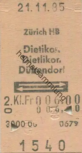 Schweiz - Zürich HB - Dietikon Dietlikon Dübendorf und zurück - Fahrkarte 1985