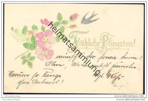Fröhliche Pfingsten - Blumen - Schwalbe - Prägedruck
