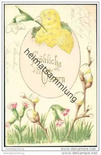 Fröhliche Ostern - Blumen - Küken - Prägedruck