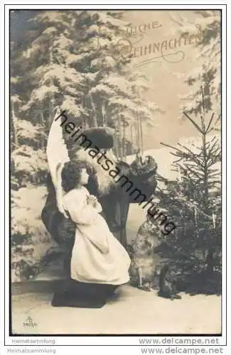 Fröhliche Weihnachten - Weihnachtsmann - Engelchen - Foto-AK