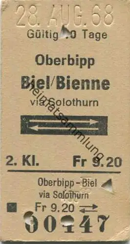 Schweiz - Oberbipp - Biel/Bienne via Solothurn und zurück - Fahrkarte 1968
