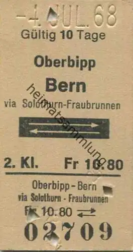 Schweiz - Oberbipp - Bern via Solothurn-Fraubrunnen und zurück - Fahrkarte 1968