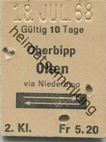 Schweiz - Oberbipp - Olten via Niederbipp und zurück - Fahrkarte 1/2 Preis 1968