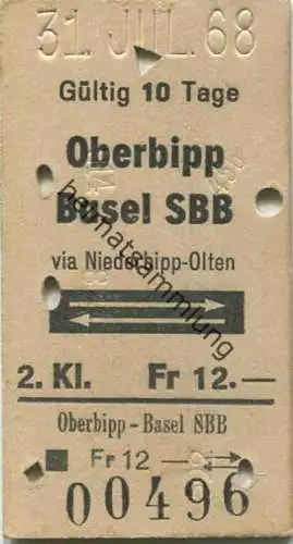 Schweiz - Oberbipp - Basel SBB via Niederbipp-Olten und zurück - Fahrkarte 1968