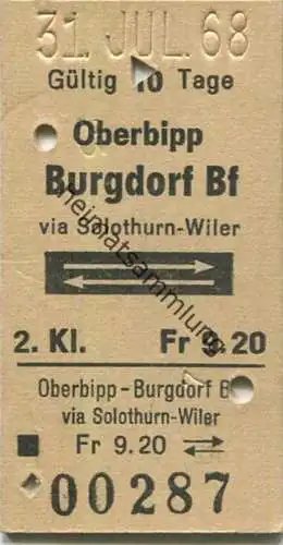 Schweiz - Oberbipp - Burgdorf Bf via Solothurn-Wiler und zurück - Fahrkarte 1968