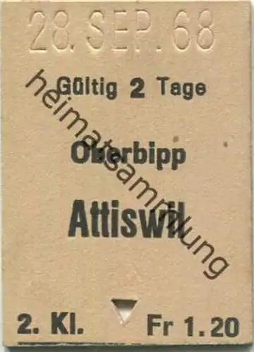 Schweiz - Oberbipp - Attiswil - Fahrkarte 1/2 Preis 1968