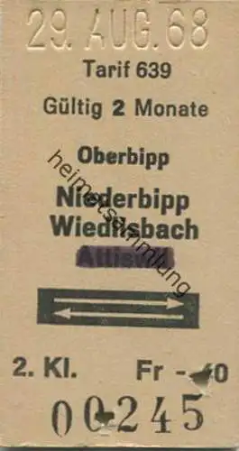 Schweiz - Oberbipp - Niederbipp Wiedlisbach und zurück - Tarif 639 - Fahrkarte 1968