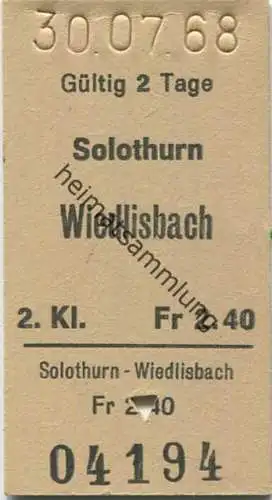 Schweiz - Solothurn - Wiedlisbach - Fahrkarte 1968