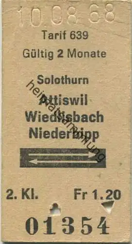 Schweiz - Solothurn -Attiswil Wiedlisbach Niederbipp und zurück  - Fahrkarte 1968 Tarif 639