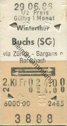 Schweiz - Winterthur Buchs (SG) via Zürich Sargans oder Rorschach und zurück - Fahrkarte 1986