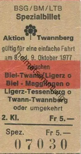 Schweiz - BSG/BM/LTB Aktion Twannberg - gültig für eine einfache Fahrt am 8. oder 9. Oktober 1977 zwischen Biel-Twann/Li