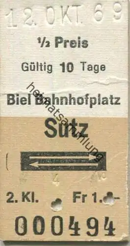 Schweiz - Biel Bahnhofplatz Sutz und zurück - Fahrkarte 1969