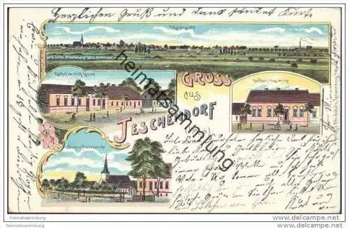 Gruss aus Teschendorf in der Mark - Farblitho. - Gasthof von Wilh. Lemke - Kaufhaus Aug. Lemke