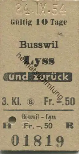 Schweiz - Busswil Lyss und zurück - Fahrkarte 1954 3. Klasse