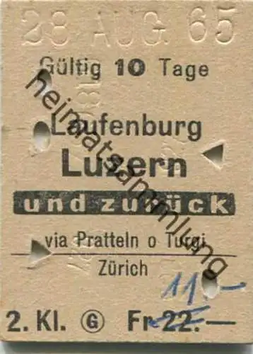 Schweiz - Laufenburg Luzern und zurück via Pratteln oder Turgi Zürich - Fahrkarte 1965