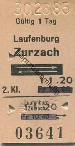 Schweiz - Laufenburg Zurzach und zurück - Fahrkarte 1985
