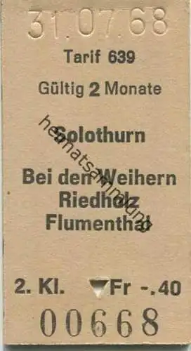 Schweiz - Solothurn Bei den Weihern Riedholz Flumenthal - Fahrkarte 1968