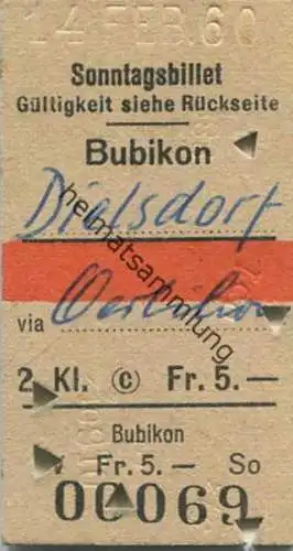 Schweiz - Sonntagsbillet Bubikon Dielstorf via Oerlikon - Fahrkarte 1960