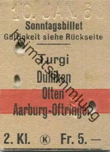 Schweiz - Sonntagsbillet Turgi Dullikon Olten Aarburg-Oftringen - Fahrkarte 1960