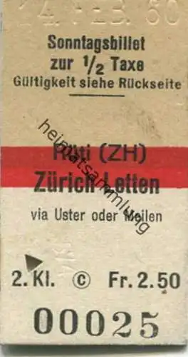 Schweiz - Sonntagsbillet Rüti (ZH) Zürich Letten via Uster oder Meilen - Fahrkarte 1960