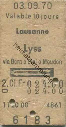 Schweiz - Lausanne Lyss via Bern oder Biel oder Moudon - Fahrkarte 1970