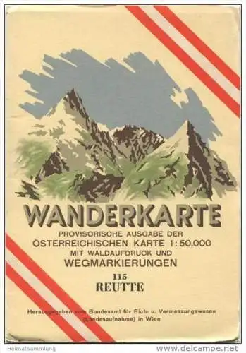115 Reutte 1952 - Wanderkarte mit Umschlag - Provisorische Ausgabe der Österreichischen Karte 1:50.000 - Herausgegeben v