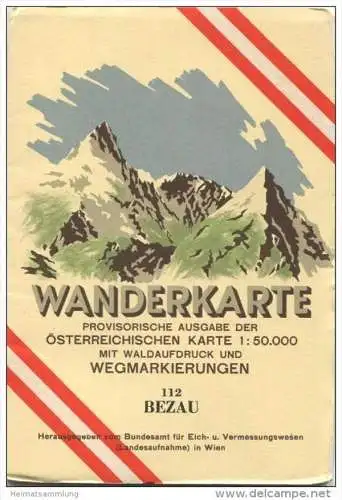 112 Bezau 1953 - Wanderkarte mit Umschlag - Provisorische Ausgabe der Österreichischen Karte 1:50.000 - Herausgegeben vo