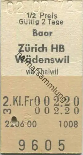 Schweiz - Baar Zürich HB Wädenswil via Thalwil - Fahrkarte 1972