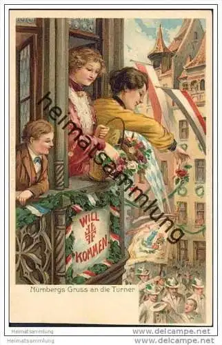 Nürnberg - Gruss an die Turner - Turnfest 1903 - umseitig Abbildung der Festplatzgebäude - Prägedruck