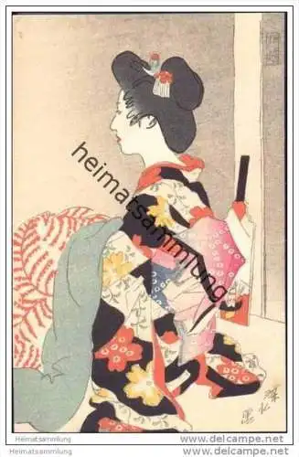 Japan - Geisha - Tuschezeichnung - Künstlerkarte signiert