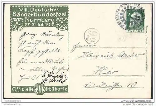 Nürnberg - VIII Deutsches Sängerbundesfest 1912 - Burg - Künstler Kröger - Privatganzsache mit Sonderstempel