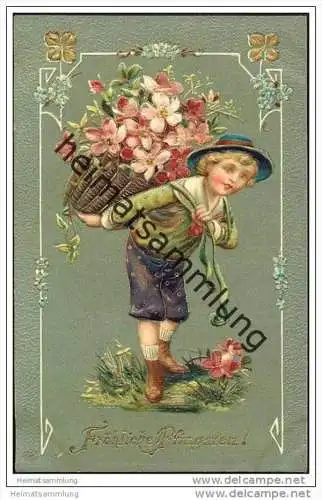 Fröhliche Pfingsten - Junge mit Blumenkorb - Prägedruck