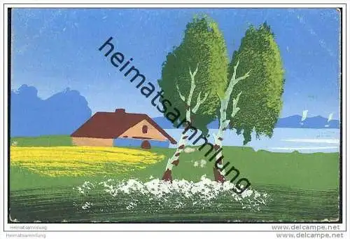 Handgemalt - Zwei Bäume mit Haus