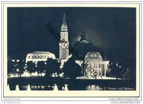 Kiel - Theater und Rathaus bei Nacht - Foto-AK 30er Jahre