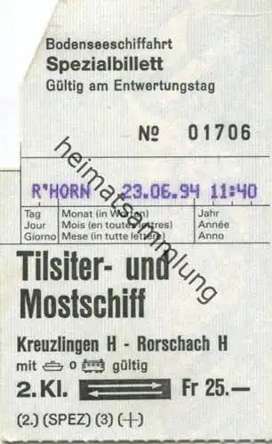 Schweiz - Bodenseeschiffahrt - Spezialbillett Tilsiter- und Mostschiff Kreuzlingen Rorschach mit Schiff und Bahn gültig