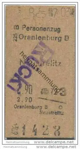 Deutschland - Fahrkarte - Personenzug - Oranienburg Neustrelitz 1945