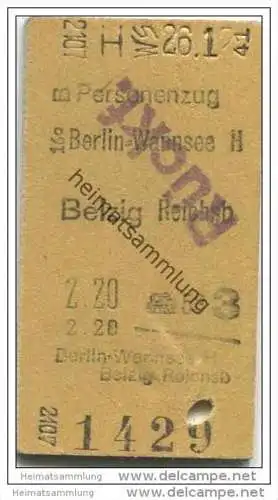 Deutschland - Fahrkarte - Personenzug 3. Klasse - Berlin Wannsee - Belzig Reichsbahn 1941