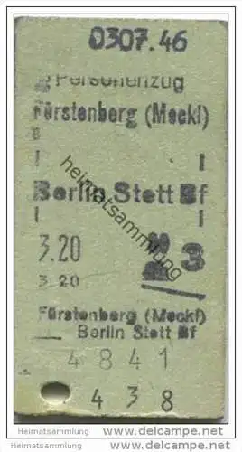 Deutschland - Fahrkarte - Personenzug 3. Klasse - Fürstenberg (Meckl) Berlin Stettiner Bahnhof 1946