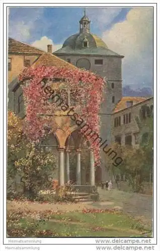 Heidelberg - Partie aus dem Schlosshof mit Brunnenhalle und Wartturm - Künstlerkarte sig. H. Hoffmann