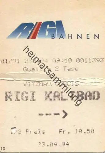 Schweiz - Rigi Bahnen - Vitznau/Weggis Kaltbad einfach - Fahrkarte 1/2 Taxe 1994