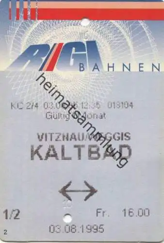 Schweiz - Rigi Bahnen - Vitznau/Weggis Kaltbad und zurück - Fahrkarte 1/2 Taxe 1995